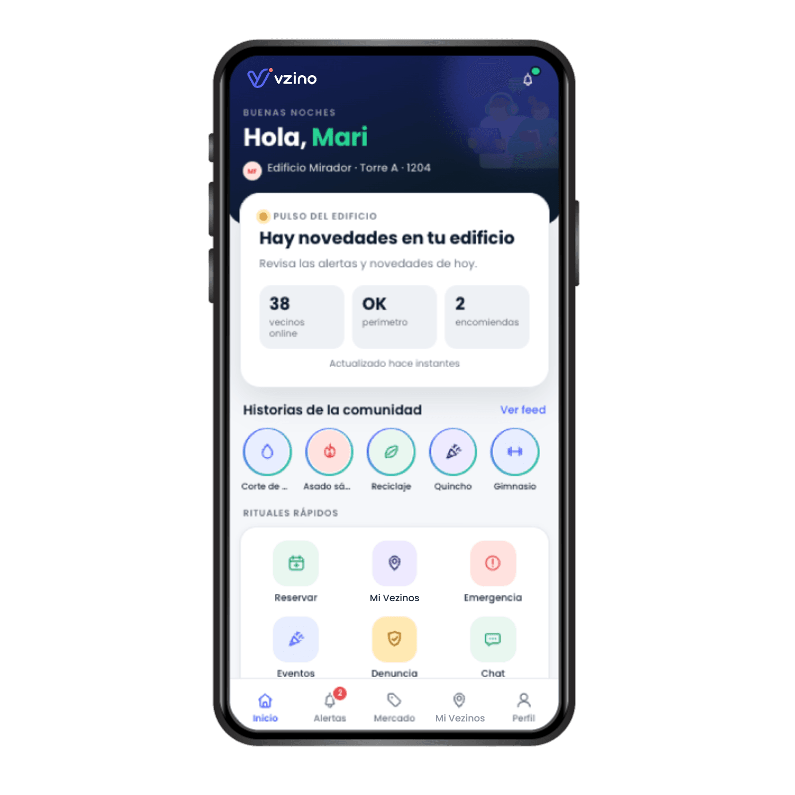 Pantalla de inicio de la app Vzino para residentes